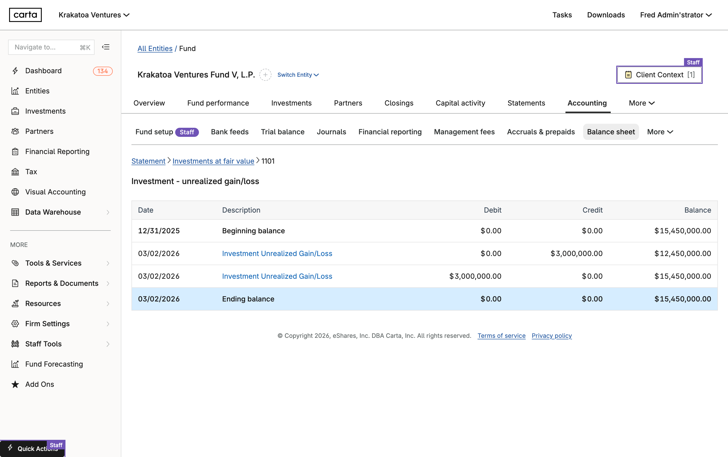 Legacy Carta balance sheet detail page showing breadcrumb navigation between statement, investment fair value, and account detail
